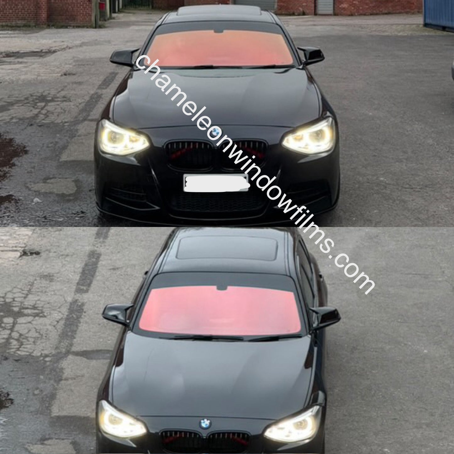 Two cars with red tinted window film applied to their windows, parked side by side.