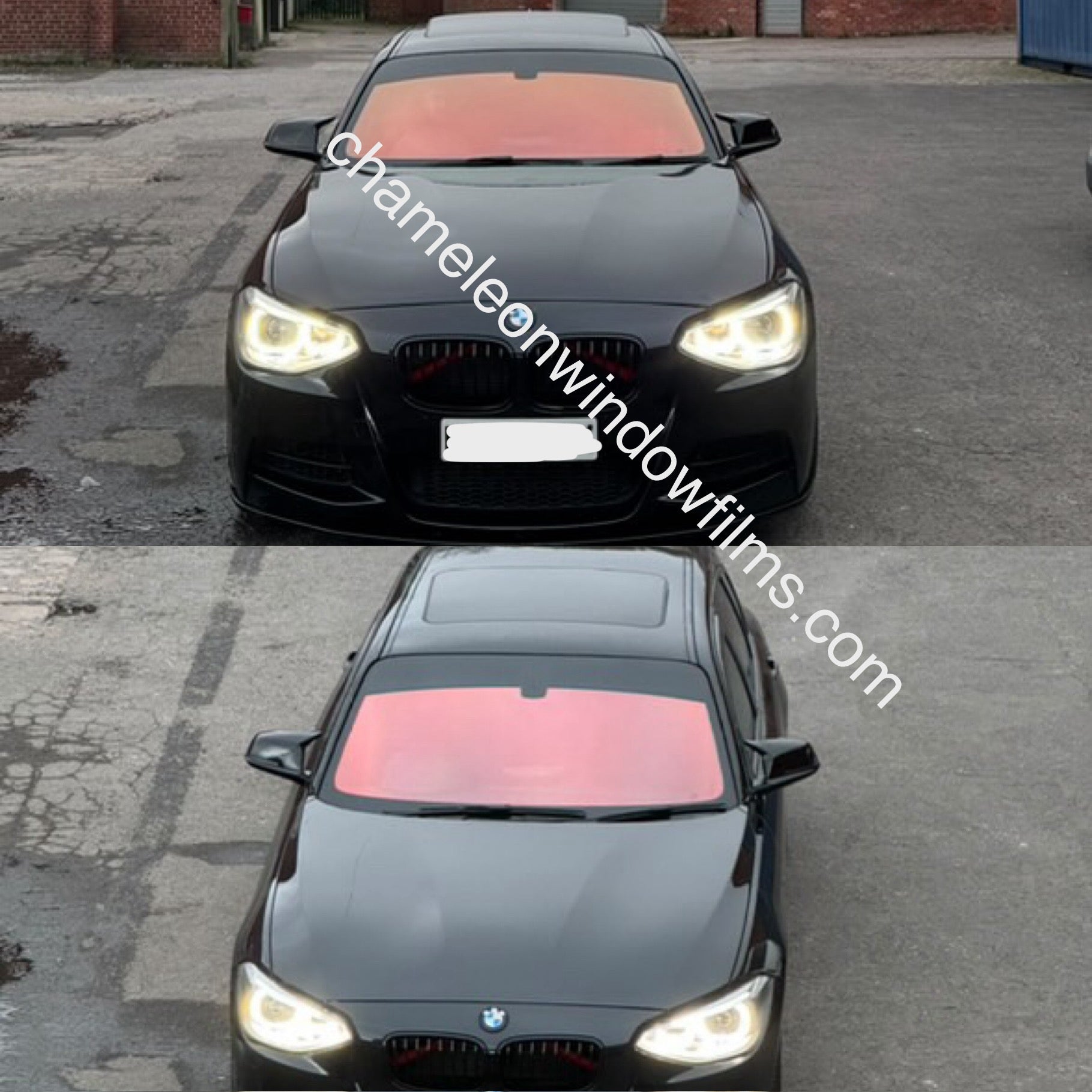 Two cars with red tinted window film applied to their windows, parked side by side.
