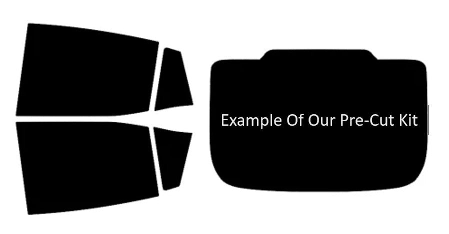 Black pre-cut window film kit with text on a white background