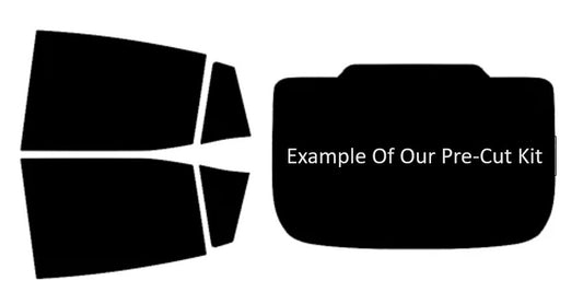 Black pre-cut window film kit with text on a white background