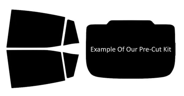 Black pre-cut window film kit with text on a white background